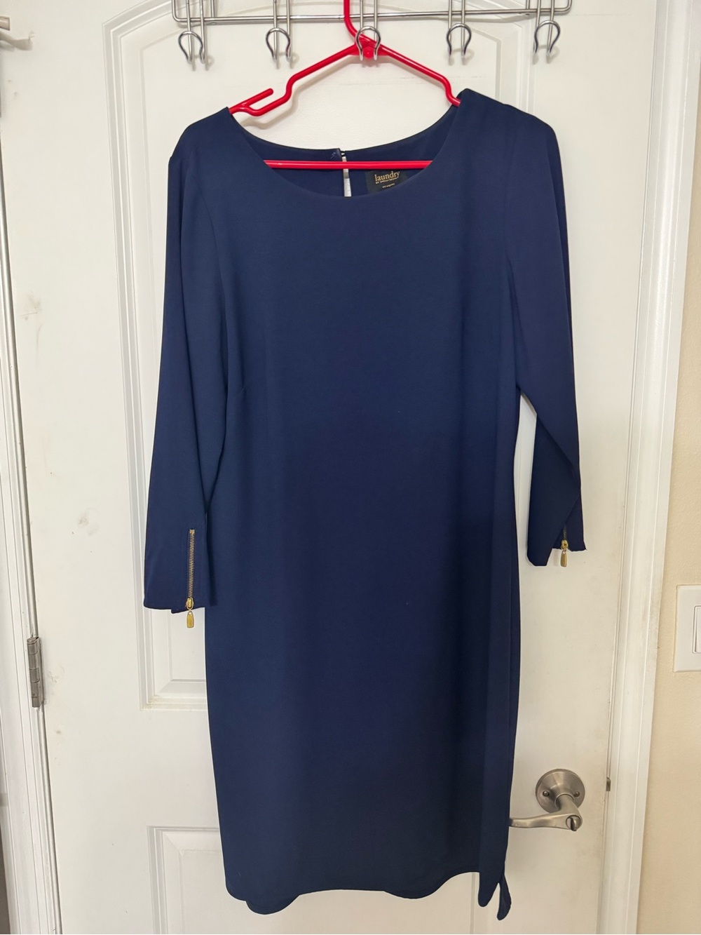 Laundry By Shelli Segal Navy Midi Shift Dress with Gold Zipper Accents